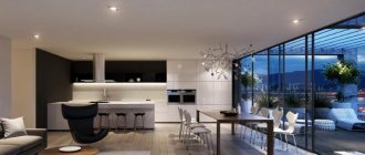 Дизайн кухни-гостиной в стиле хай-тек с панорамными окнами