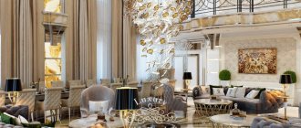 Дизайн роскошной гостиной со вторым светом и акцентами цвета янтаря