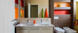 Double sink in front of a large mirror