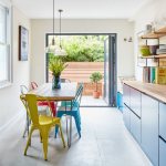 Голубая кухня с дверью во внутренний дворик дачного участка