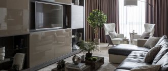 Темна глянцевая стенка в современной гостиной